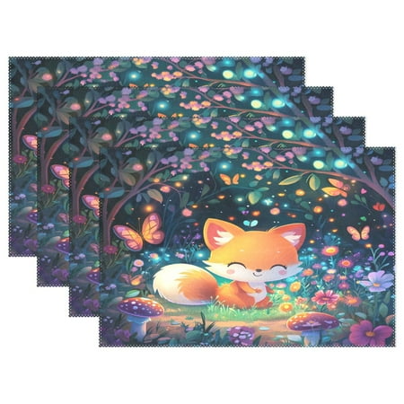 

3d Cartoon Style Fox 4-Piece 12x18in Heat-Proof Place Mats Set Non-Slip for Family Dining