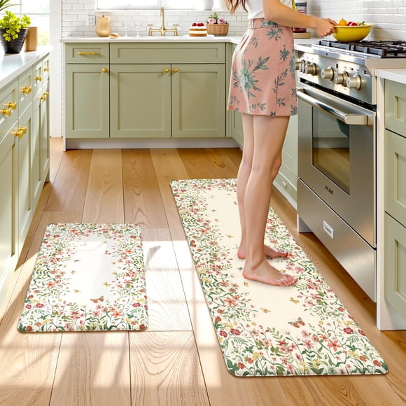 KIMODE Anti Fatigue Kitchen Mats for Floor 2 Piece, Beige Farmhouse Kitchen Rugs Sets of 2, Non Slip Waterproof Kitchen Floor Mats, Standing Mats for