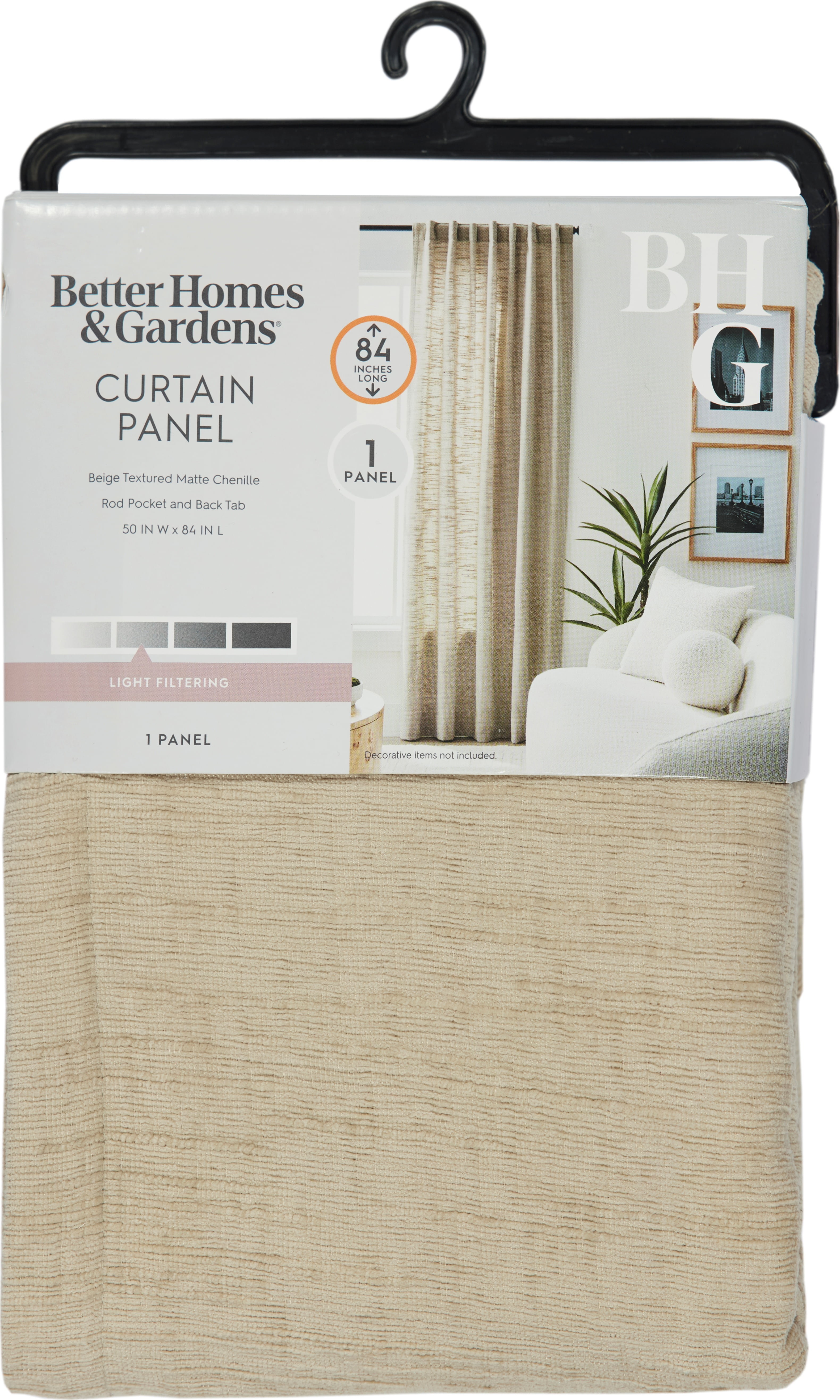 Better Homes & Gardens Textured Solid Chenille Light Filtering Single Curtain Panel, Beige, 50 in W x 84 in L