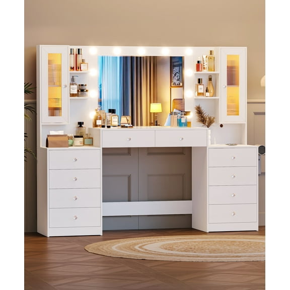 Rovaurx 62" Large Vanity Desk with Mirror, Lights and Power Outlet, Glass Top Makeup Vanity Table with 10 Drawers, 2 RGB Cabinets & Opening Shelves, Bedroom Dressing Table, White RSZT118W
