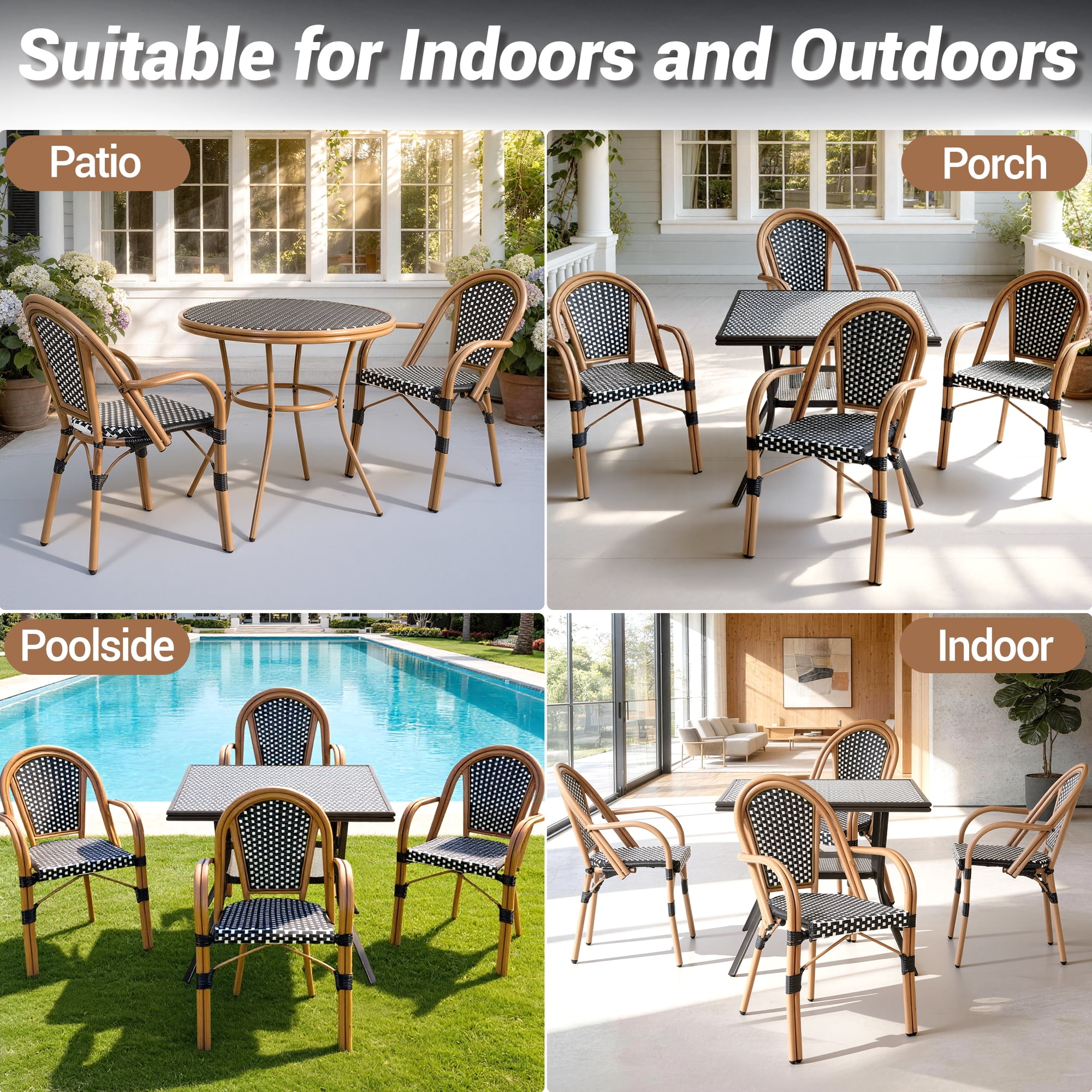 DELMANGO Metal & Faux Rattan Bistro Chairs, Stackable Patio Chairs, Outdoor Dining Armchairs, White/Black (Set of 2)