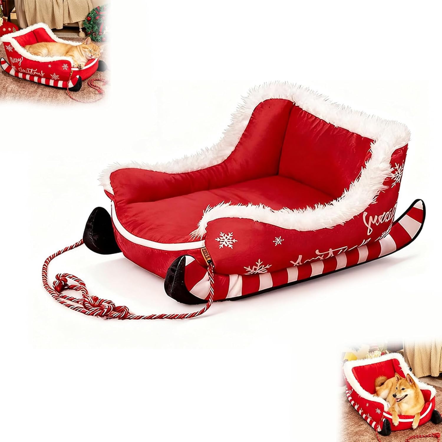 2026 New Christmas Sleigh Dog Bed, Funny Santa Christmas Decor Pet Bed | Washable Christmas Pet Bed, Soft Fluffy Plush, For Holiday Present for Dogs and Festive Home Decor