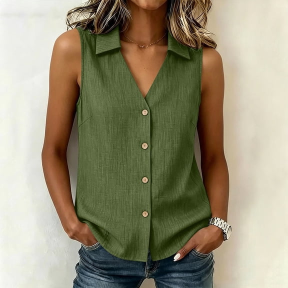 ClodeEU Women's V Neck Sleeveless Button Down Blouse,Casual Trendy Solid Color Tank Top Army Green,Women's Plus L