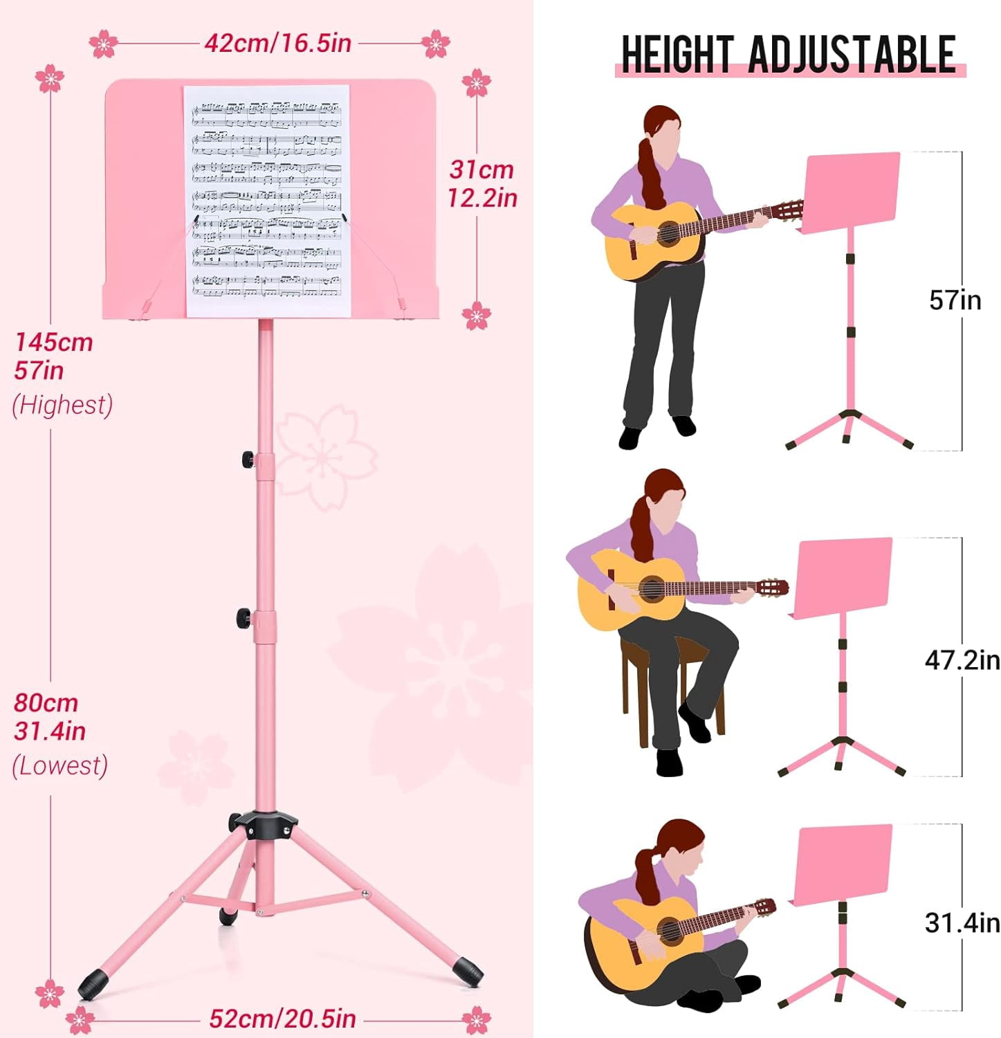 CAHAYA Sheet Music Stand & Tabletop Music Stand Solid Back with Carrying Bag for Books Notes Laptop Tablet Pink CY0194