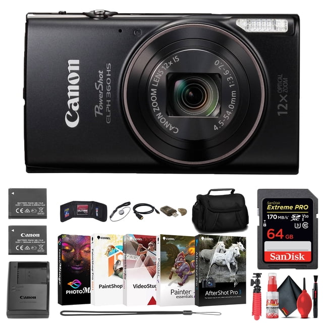 Cámara digital Canon PowerShot ELPH 360 HS negra 1075C001 + Tarjeta de memoria 64 GB + Batería NB11L + Estuche + Cargador + Lector de tarjetas + Software Corel Photo + Cable HDMI + Trípode flexible