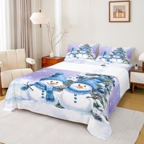 Manfei Blue Cute Snowman Full Size Sheets, Merry Christmas Bed Sheets, Teens Boys Girls Kids Sheet Sets, Microfiber Bedroom Decor, 4 Pieces