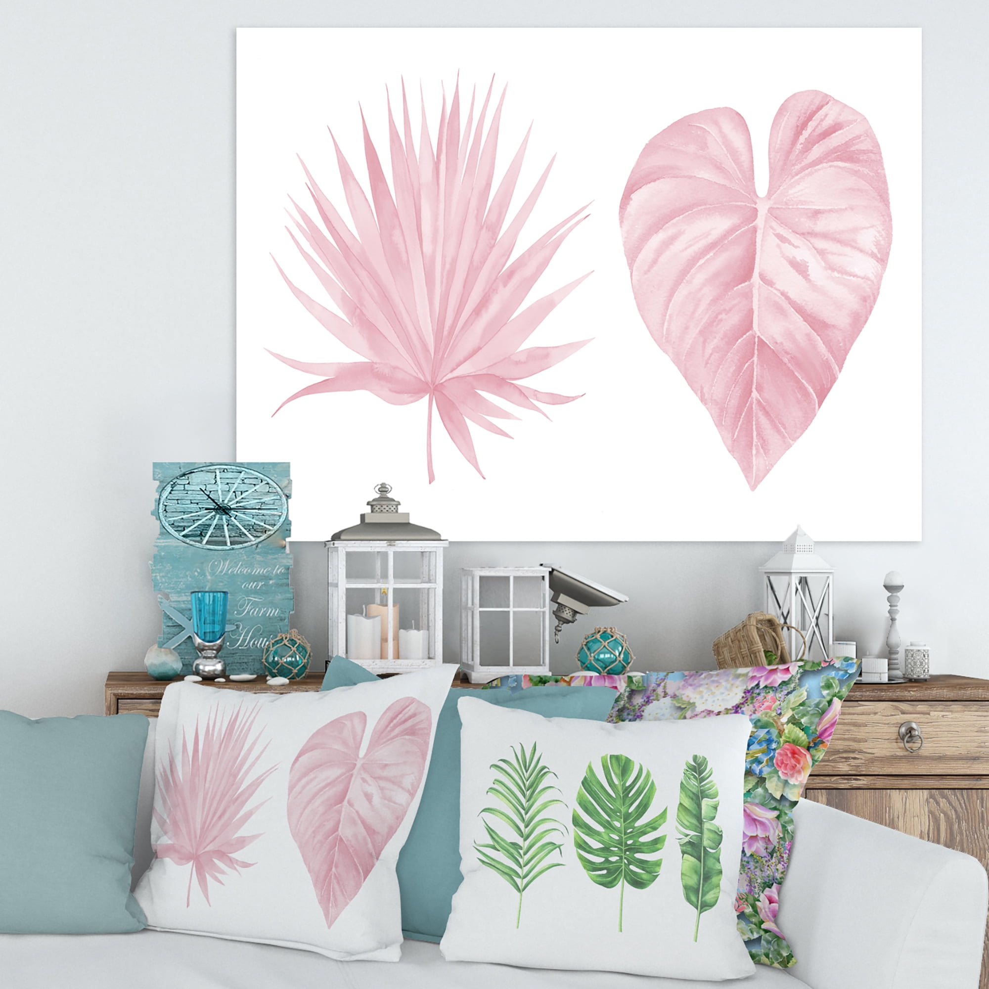 Designart ' Tropical Pink Watercolour Leaves On White II ' Shabby Chic Canvas Wall Art Print