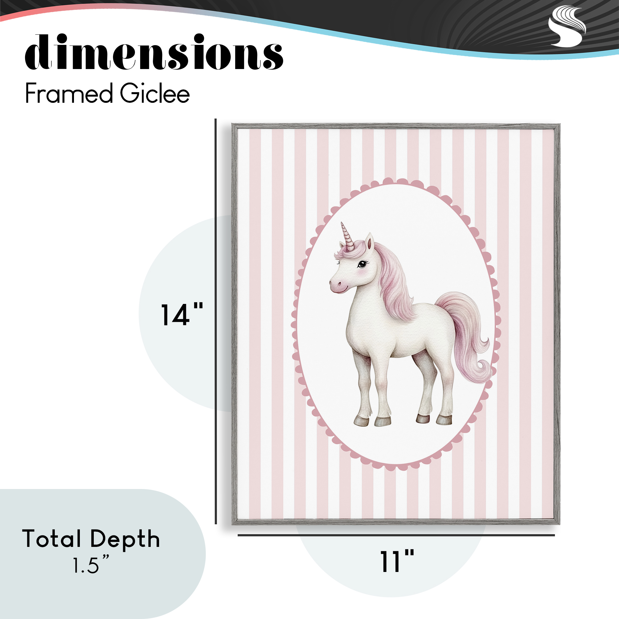 Gentle Unicorn on Pink Stripes Gray Framed Giclee Art, design by Christine Simpson Art