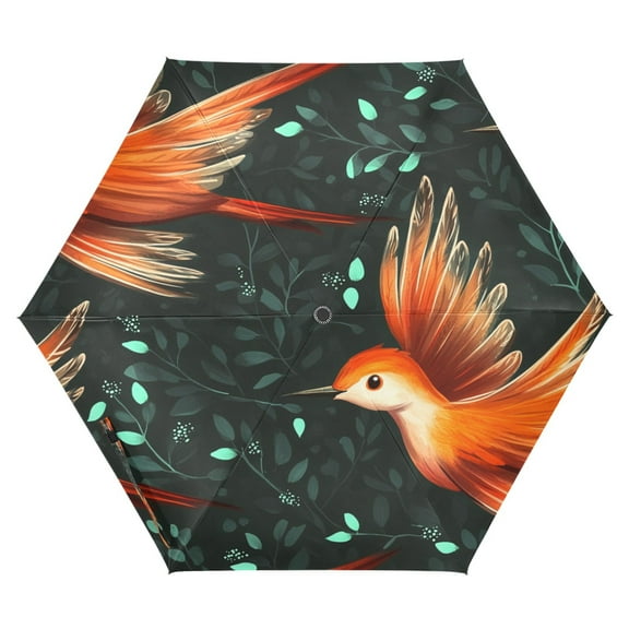 Flying Orange Birds Folding Umbrella UV50  Waterproof Sun Protection Auto Open Close Compact Fiberglass Frame