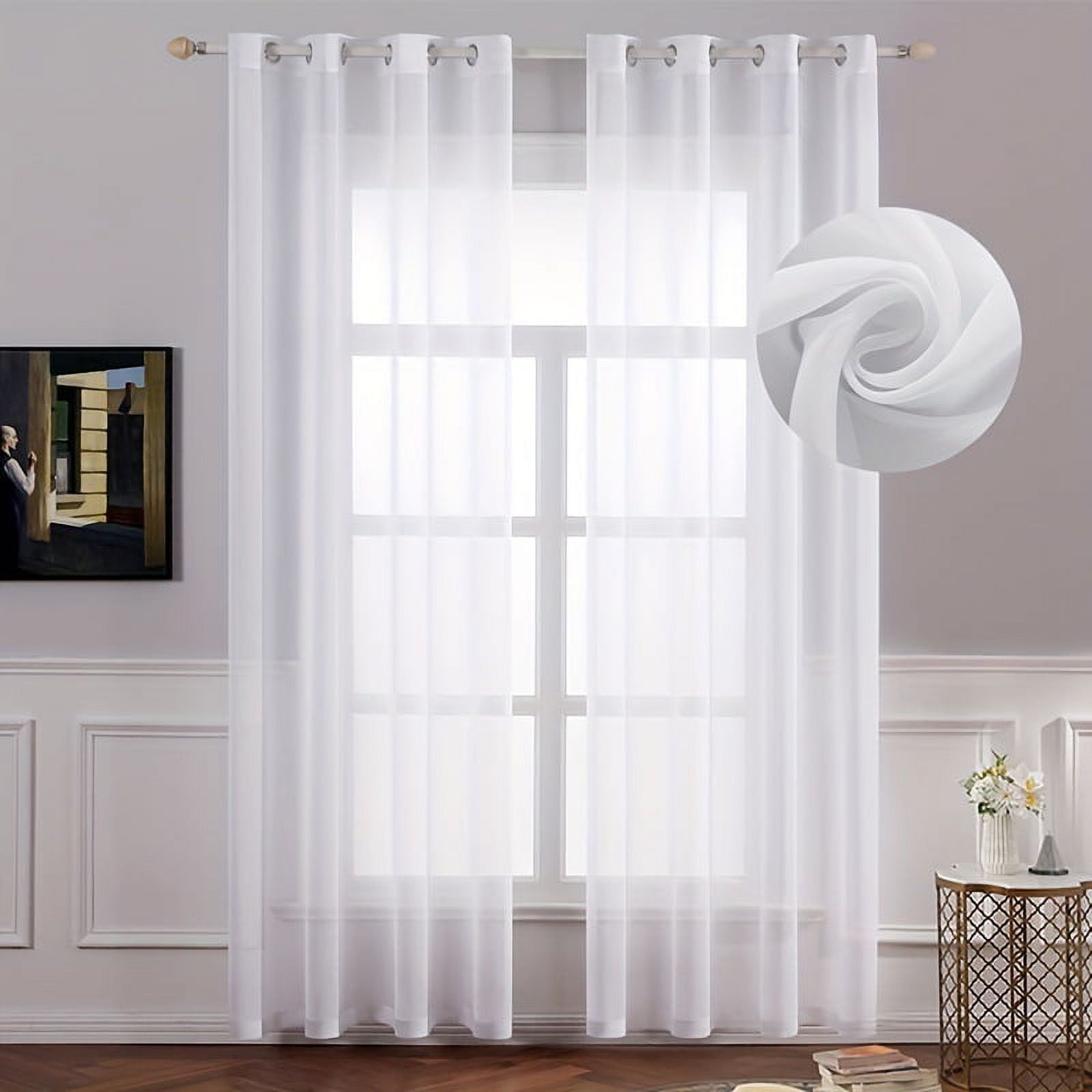 Sheer Curtains Faux Linen Semi Voile Light Filtering Drapes Pair for Bedroom Living Room, Set of 2 Grommet Top Window Curtain Panels (Each 54x108 Inch, White)