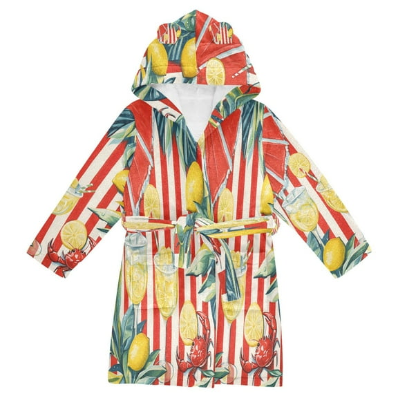 FORMRS Niños Bathrobe Unisex Hooded Robe Soft Plush Pajamas Sleepwear, Size 2-3T, White Striped Lemon