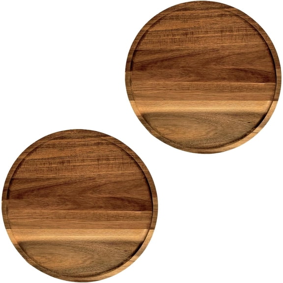 Set of 2 Round Wooden Decorative Serving Tray 11.8 Inch for Coffee Table and Home Decor, Round Wood Tray for Table Centerpiece, Small Candle Tray, Acacia, Appetizer Charcuterie Board