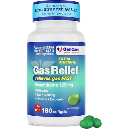 GenCare Extra Strength Gas Relief Simethicone 125mg for Bloating Relief, 180 Softgels