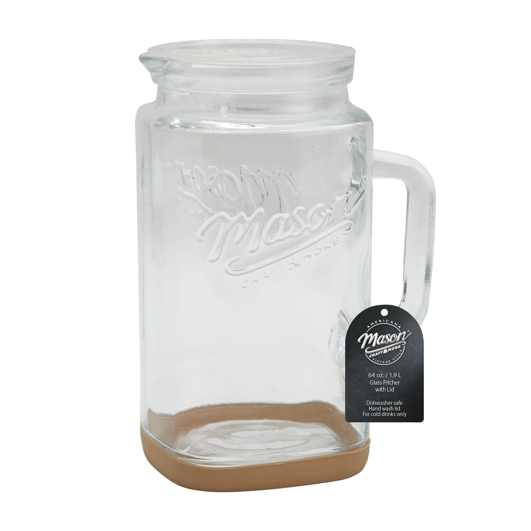 Mason Craft & More Glass 0.5 Gallon Pitcher with Removable Plastic Lid and Silicone Base, Tan, Useful for Serving Chilled Drinks