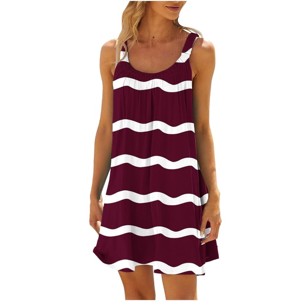 Vestido de Verano para las Mujeres Impreso sin Mangas Cuello Redondo, Suelto de Rodilla de Longitud Vestido Casual para la Primavera