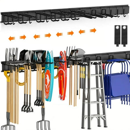Housolution Heavy Duty Garden Tool Organizer 64 Inch - 18Pack Garage Tool Organizer Storage System, 4 Rails with 12 Adjustable Hooks, Tool Holder Wall Mount for Warehouse, Workshop