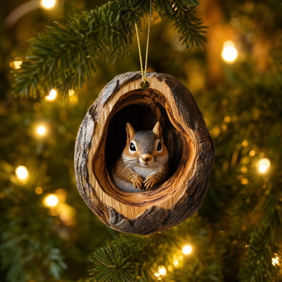 Simulated Wood Bark Tree Cavity Forest Animal Christmas Ornaments,3D Resin Squirrel Tree Ornament,Wood Texture Tree Hole Hanging Decor Gift for Animal Lovers & Easter Basket Stuffers