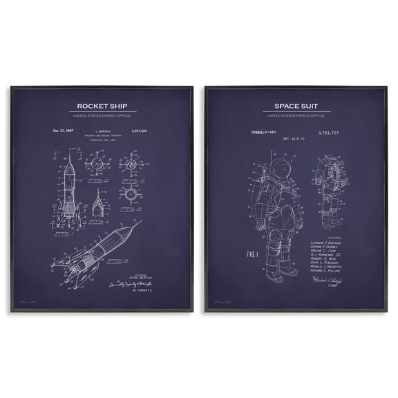 Stupell Industries Rocket Space Suit Diagram Education Painting Black Framed Art Print Wall Art, 11 x 14, Set of 2