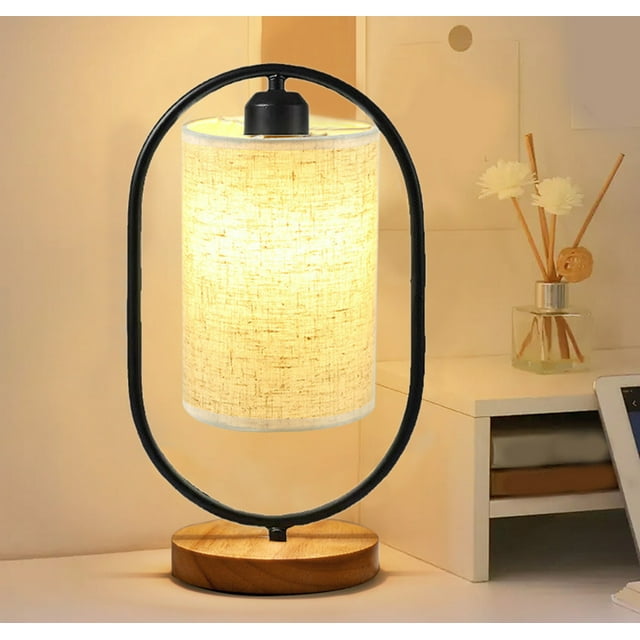 Yhmxh Desk Lamp Bedside Lamp Table Lamp Table Light Table Lamp for Bedroom 3 Way Dimmable Nightstand Lamp with Round Flaxen Fabric Shade for Living Room Office Dorm-Solid Wood- LED Bulb Included