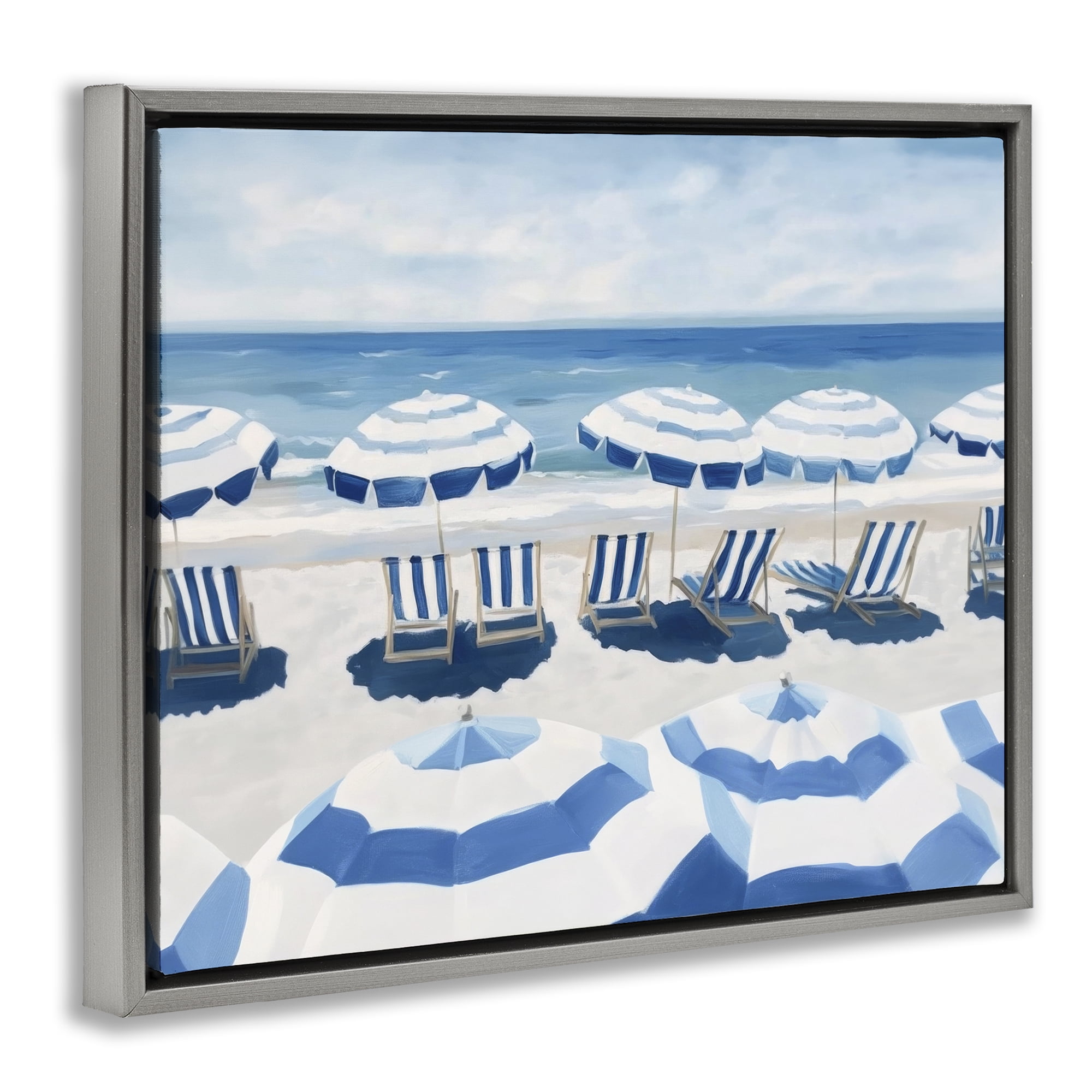 Stupell Industries Beach Nice Blue Striped Umbrellas Gray Framed Floater Canvas Wall Art, design by Sisi and Seb