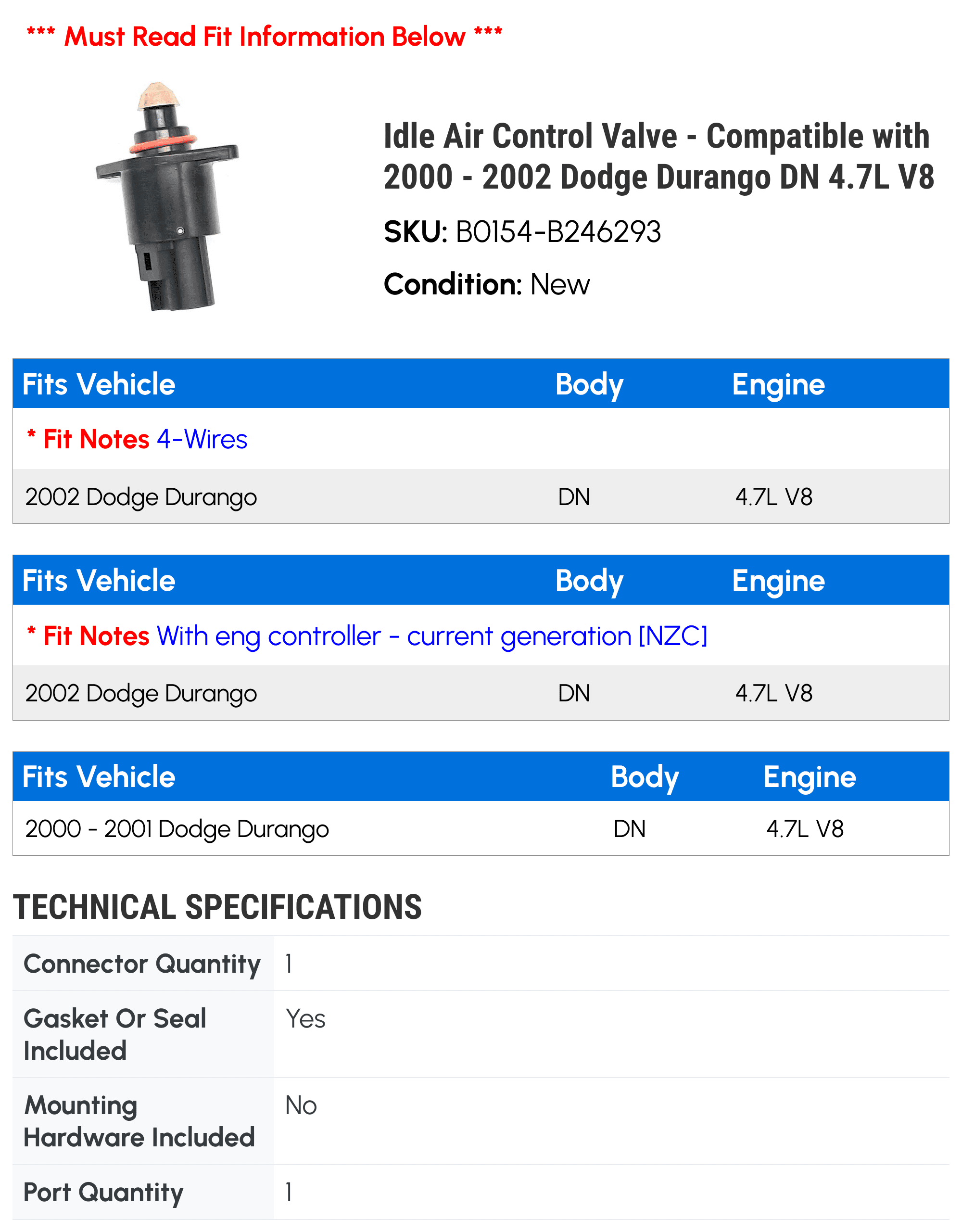 Idle Air Control Valve - Compatible with 2000 - 2002 Dodge Durango DN 4.7L V8 2001