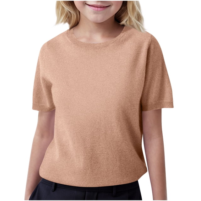 Posijego Chandail à Manches Courtes pour Filles, Col Rond, Tricoté, Été