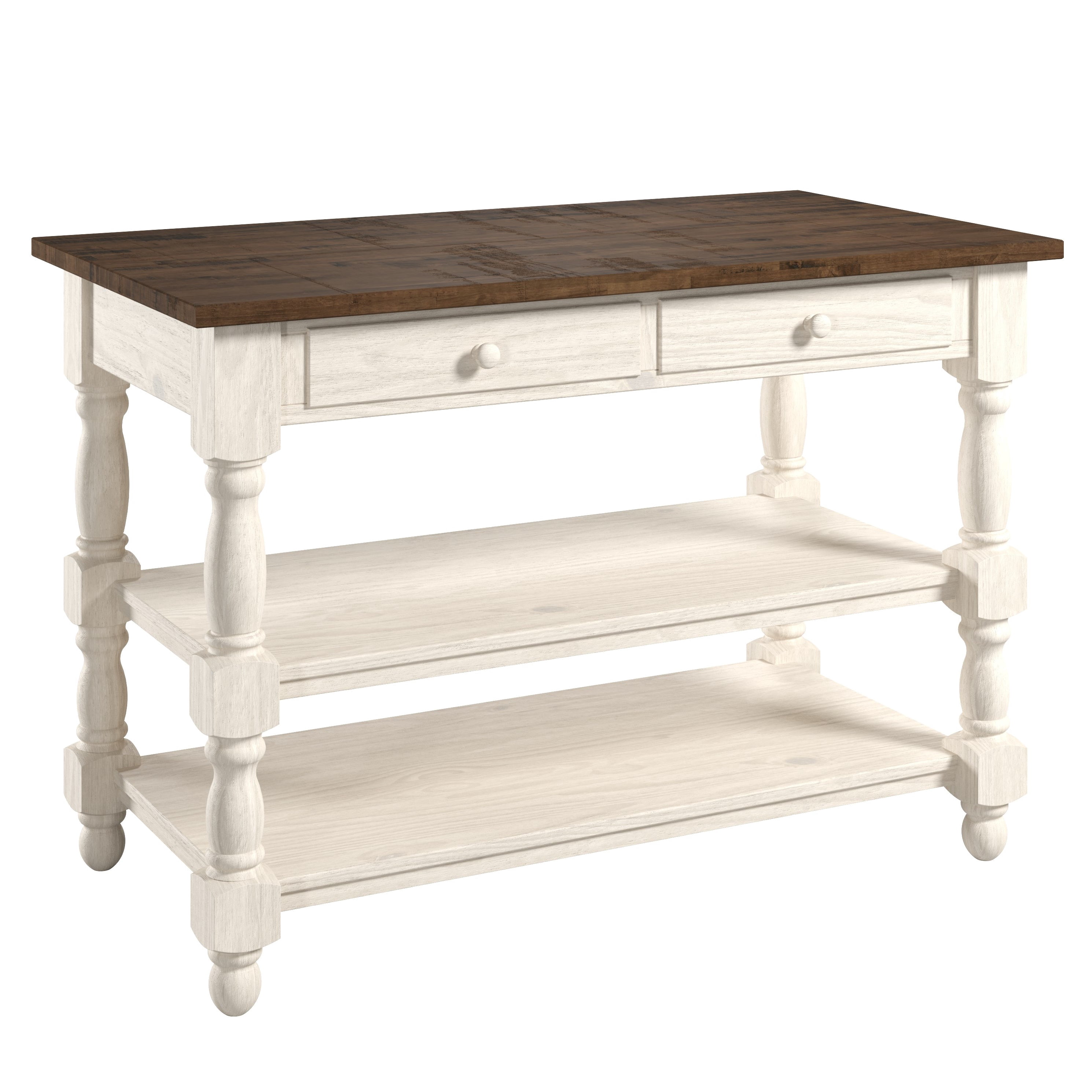 OSHOME 52" Farmhouse Kitchen Island with Drawers and Shelves – Solid Wood Kitchen Prep Table, Harvest White with Distressed Brown Top