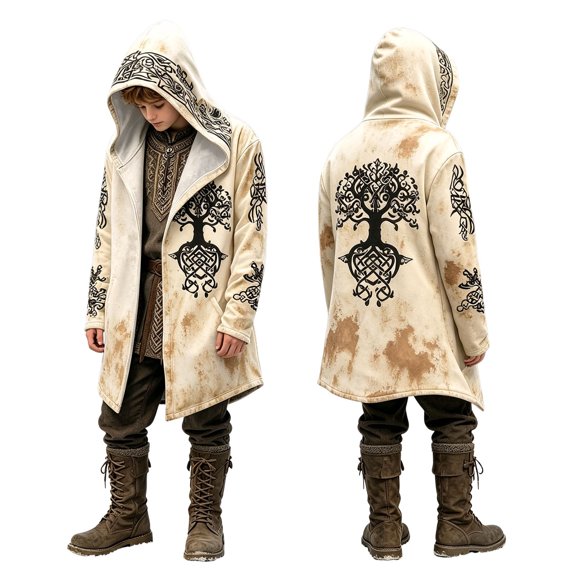LILIYA Medieval Viking Hooded Cape Coat Jacket for Boys, Norse Mythology Mid Length Overcoat, Vintage Print Cloak, Warm Fall Winter Outerwear for Halloween Party 13-14 Years