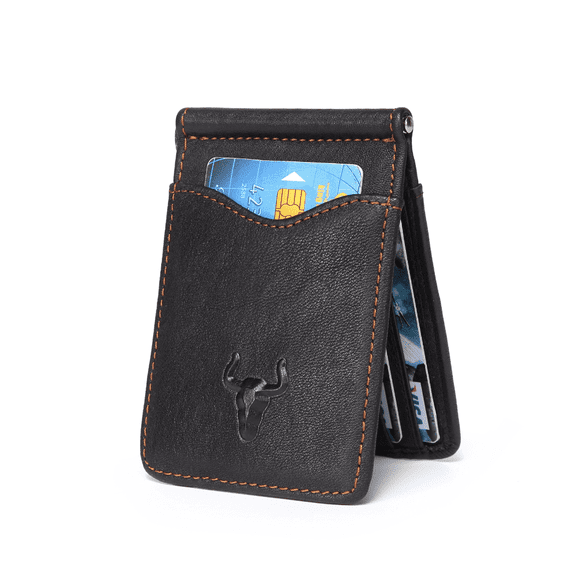 (Local Warehouse) Slim Minimalist Wallet For Men With Money Clip Genuine Leather Wallet, Men'S Wallet Credit Card Holder RFID Blocking Front Pocket Wallets Holds Cash And Cards Black Color