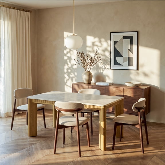 COLAMY 5-Piece Modern Dining Room Table Set, 63" Stone-Look Kitchen Table with 4 Upholstered Dining Chairs, Solid Wood Frame, Mid-Century Dining Furniture for Small Spaces, Beige