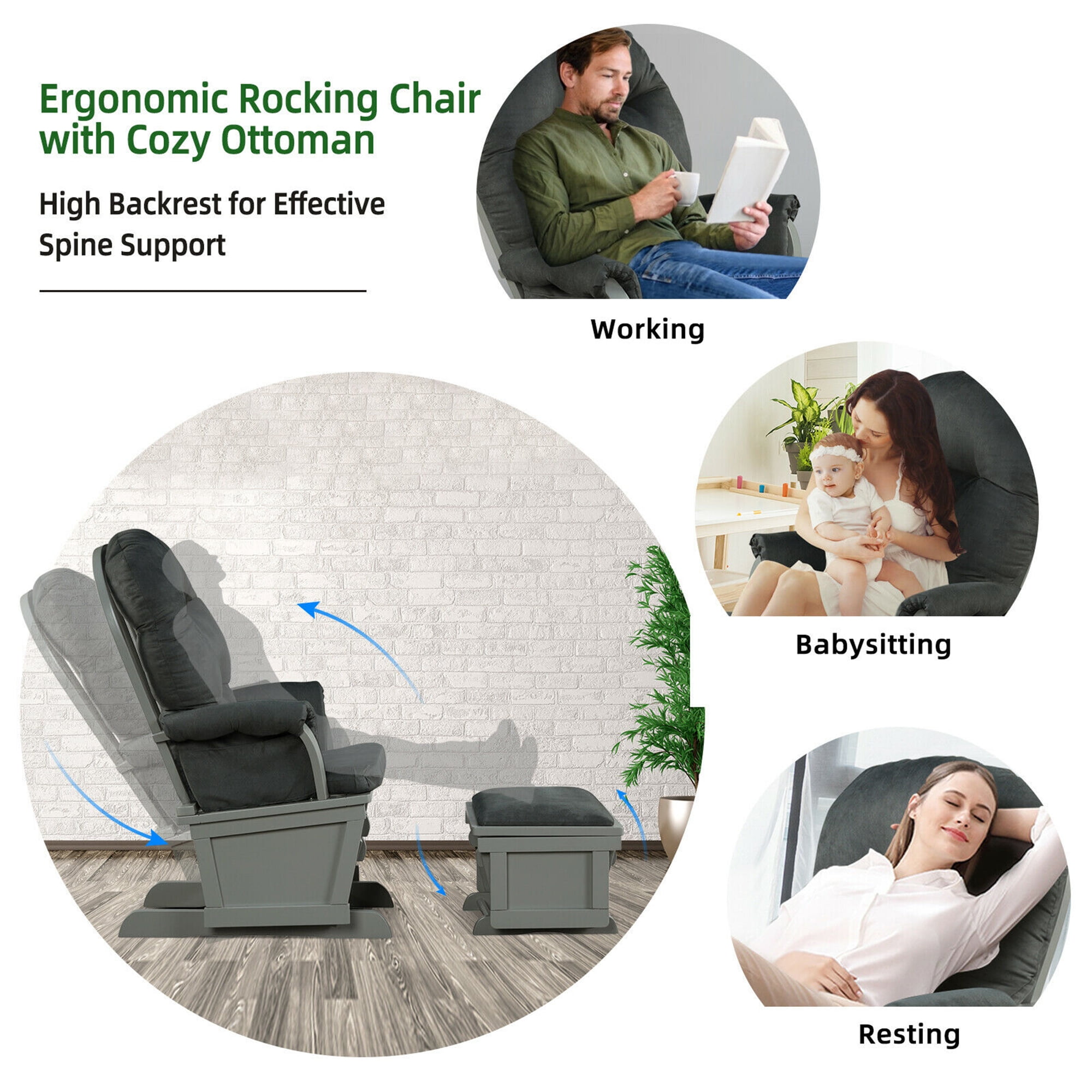 Gymax Gilder Rocking Chair with Ottoman, Dark Grey