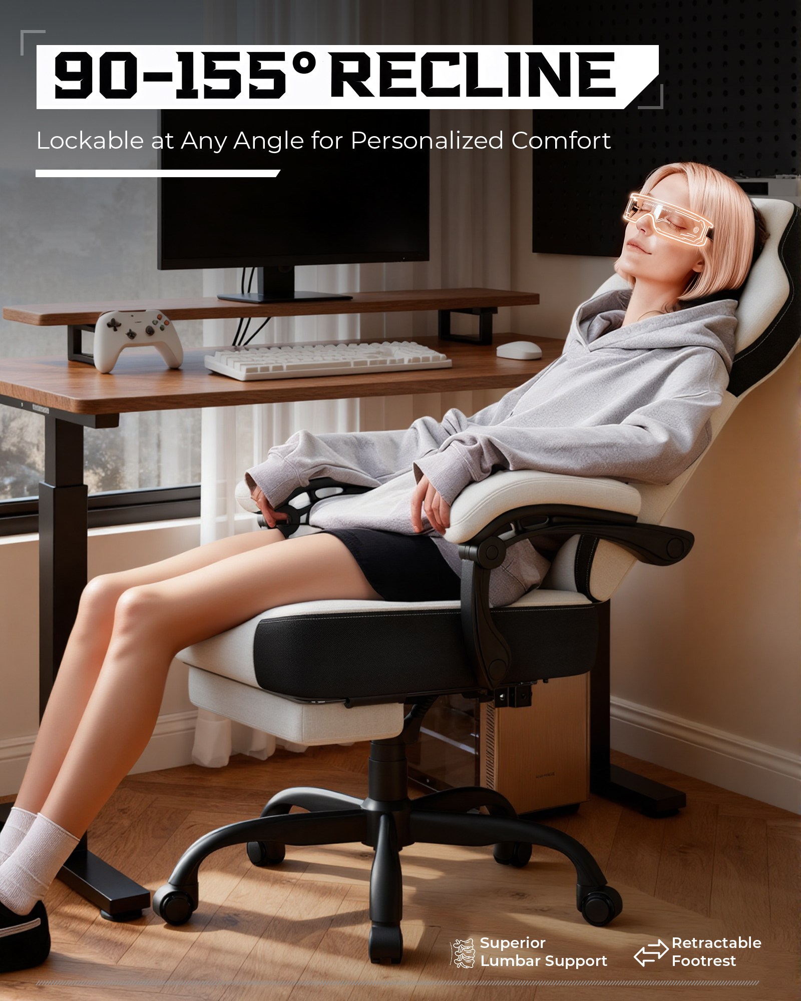 LUCKRACING Fabric PC Gaming Chair with Footrest and Lumbar Support, White