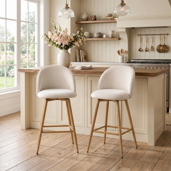 Homy Casa Set of 2 Bar Stools, 24.4" Counter Height Swivel Fabric Chairs for Kitchen Island, Beige