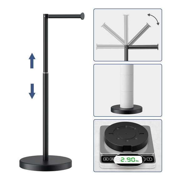 TVOFEK Toilet Paper Holder Free standing Adjustable Height, Stainless Steel Toilet Paper Holder Stand for 4 Rolls with Storage, Stable Weighted Base, Matte Black