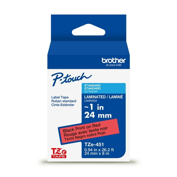 Brother P-touch TZe451 Black Print on Red Label Tape, 1in (24mm) x 26.2ft (8m) Laminated, 1-Piece