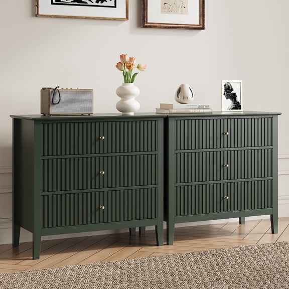 Cozy Home 31.5"Green 3 Drawer Dressers Set of 2, Flute Dresser with Storage for Bedroom, Wood Dresser Set for Living Room, Entryway