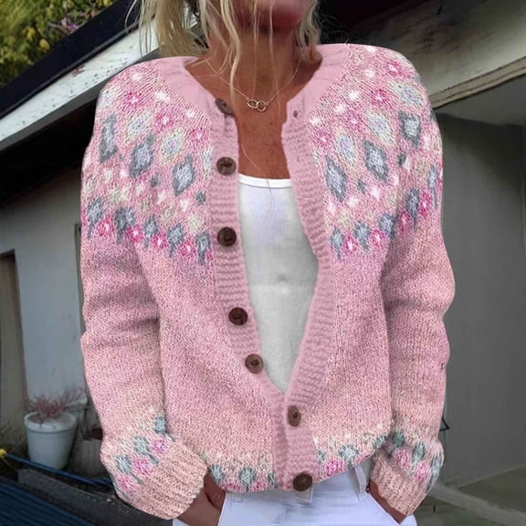 HBYJLZYG Women's Ethnic Jacquard Cardigan, Vintage Boho Knit Button Down Long Sleeve Sweater, Casual Patterned Cardigan for Women