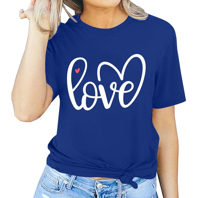 Meichang T-Shirt de la Saint-Valentin pour Femmes, T-Shirts à Imprimé Cœur, Manches Courtes, Col Rond, Coupe Ample, Hauts de Fête, Soldes de Liquidation 2025