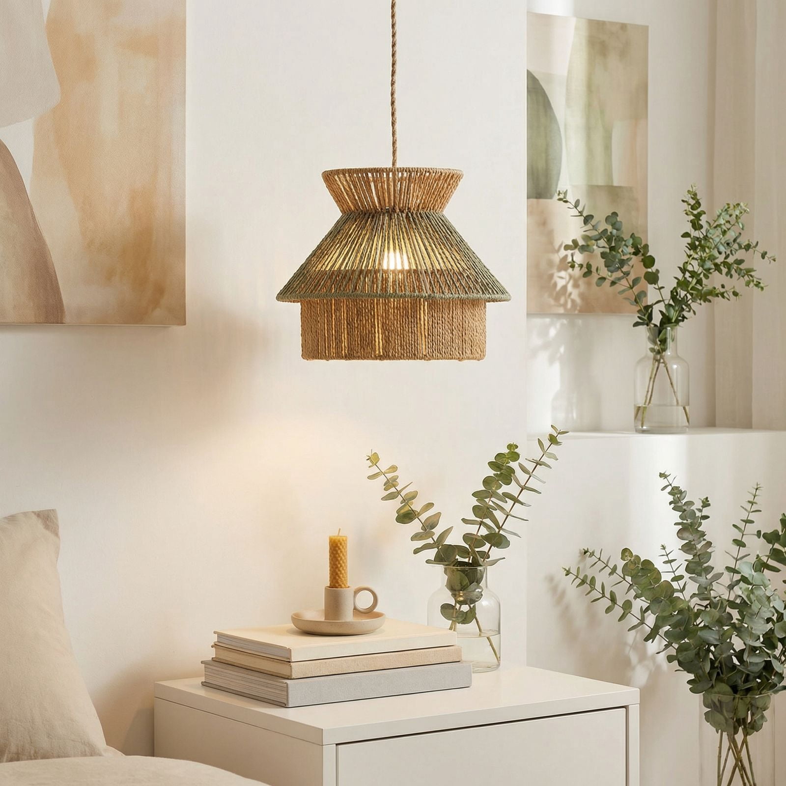 Handwoven Pendant Light Shade, 8.7in Vintage Style Rattan Lamp Cover for Ceiling Chandelier, Rustic Decorative Lampshade for Living Room, Woven Lighting Accessory
