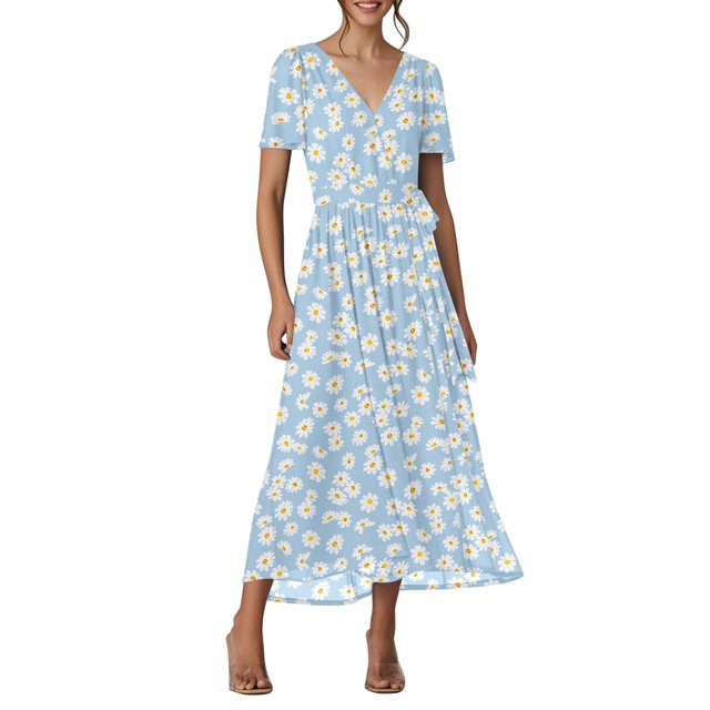 VEKDONE Robe Imprimée de Mode pour Femme Aguichant à Col Rond à Manches Courtes Robes Robe Maxi Décontractée Confortable pour Toutes les Occasions Bleu P