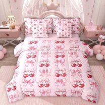 Homewish Cartoon Ribbon Bow 7-Piece Twin Bedding Sets,Cute Loves Cherry Bedding Comforter Set,Pink Red Sheet Sets For Princess,Microfiber Bedroom Decor Reversible