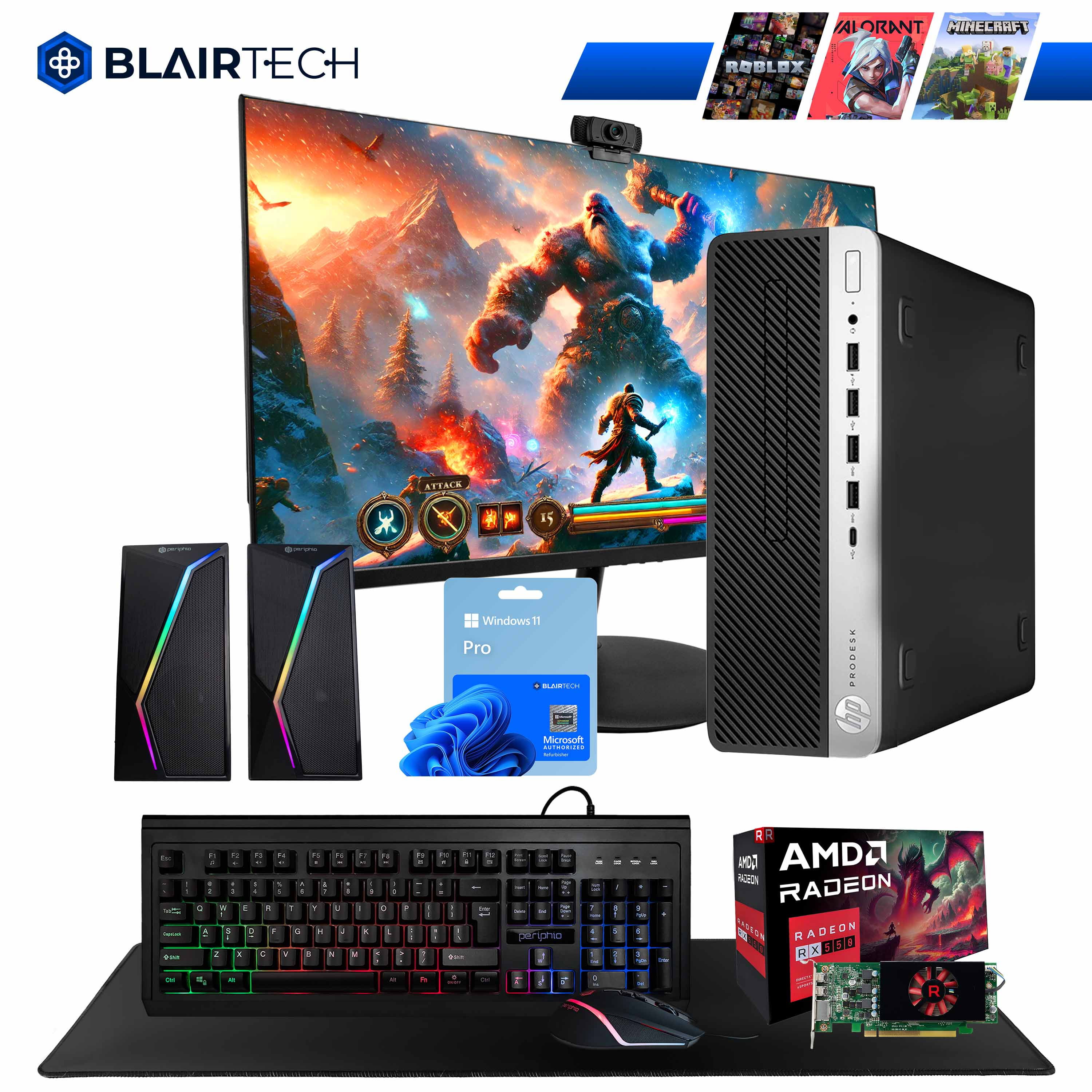 Restored Blair Tech 600G4 PC Gaming Computer Bundle - Intel i5, AMD Radeon, 16GB RAM, 512GB SSD - 24" 75hz Gaming Monitor - Periphio RGB Keyboard, HD Webcam, RGB Speakers, and RGB Mouse (Refurbished)