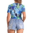 thumbnail image 3 of INSPIRE CHIC Leaves Printed Top for Women's Round Neck Semi-Sheer Crop Tops S Blue, 3 of 5