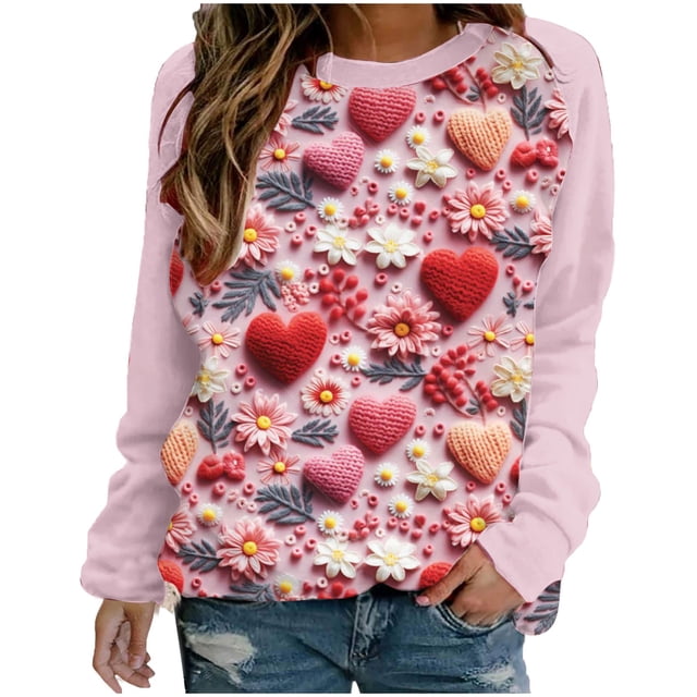 VALMASS Chandails en Molleton Col Rond pour Femmes Saint-Valentin Imprimé Floral Manches Longues Mode Décontractée Blouses Sans Capuche (L, Rose-E)