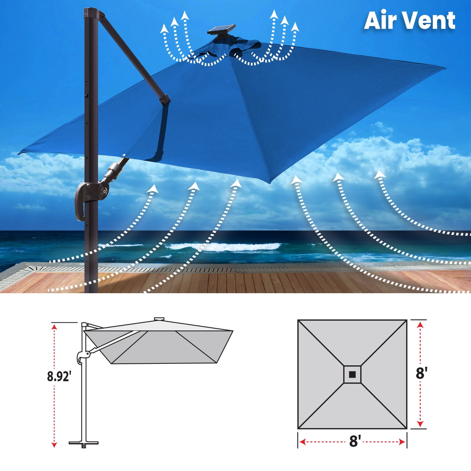 SUNNYOUTDOOR 8'x8' Deluxe Cantilever Umbrella LED Lighted Umbrella Sunbrella Cover Patio Umbrella Garden Outdoor (Sky Blue)