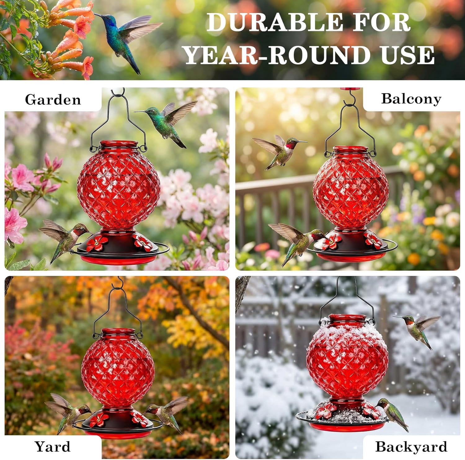 25 OZ Glass Hummingbird Feeder for Outdoors Hanging, Humming Bird Nectar Feeder with Ant Moat, 4 Bee-Proof Feeding Ports, 360° Perch, Leak-Proof, Gifts for Women Mom, Red