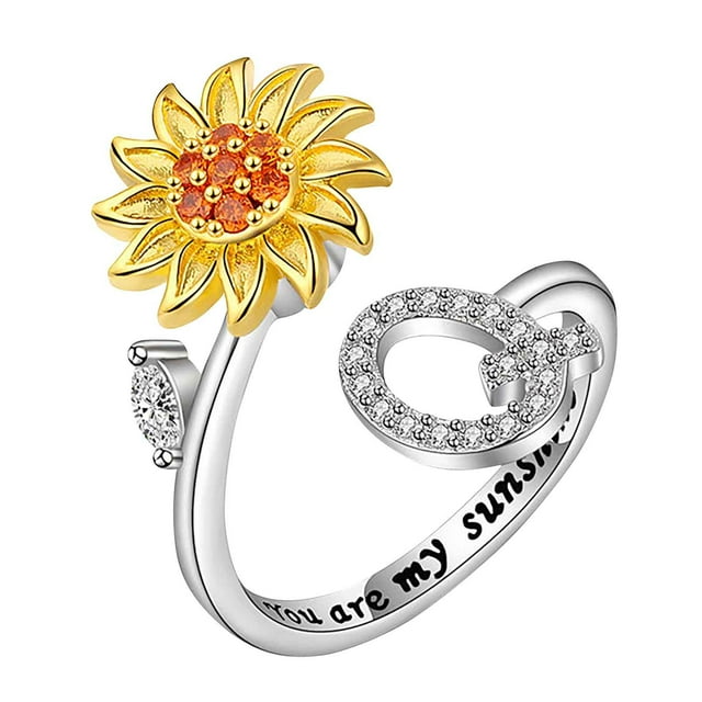 Censtreet Silver Fidget Rings, Adjustable Open Cubic Zirconia Sunflower Ring, Spinning Anxiety Rotating Finger Ring, Crystal Rhinestone Jewelry Gifts for Women