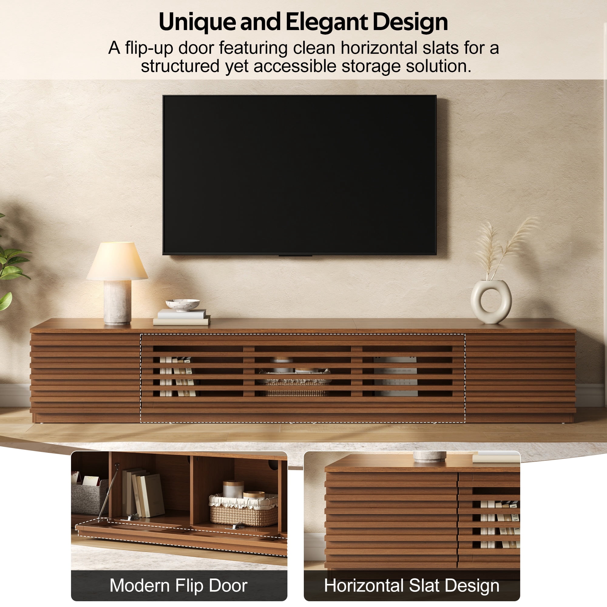 TV Stand for TVs up to 90 Inch, Entertainment Center with Slatted Doors & Cable Management, Media Console with Soft-Close Hinges for Living Room