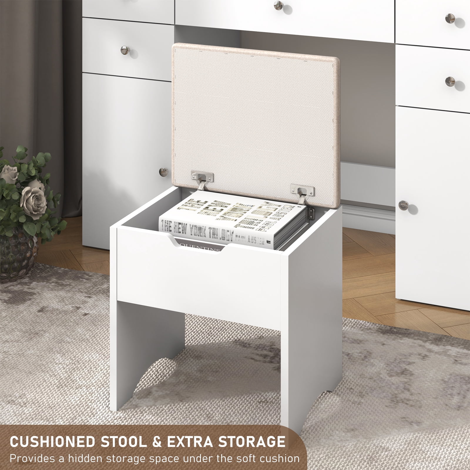 White Vanity Desk with Large Lighted Mirror & Power Outlet, Makeup Vanity Table with Glass Top & Drawers, Sliding Storage, Vanity Set with Storage Stool