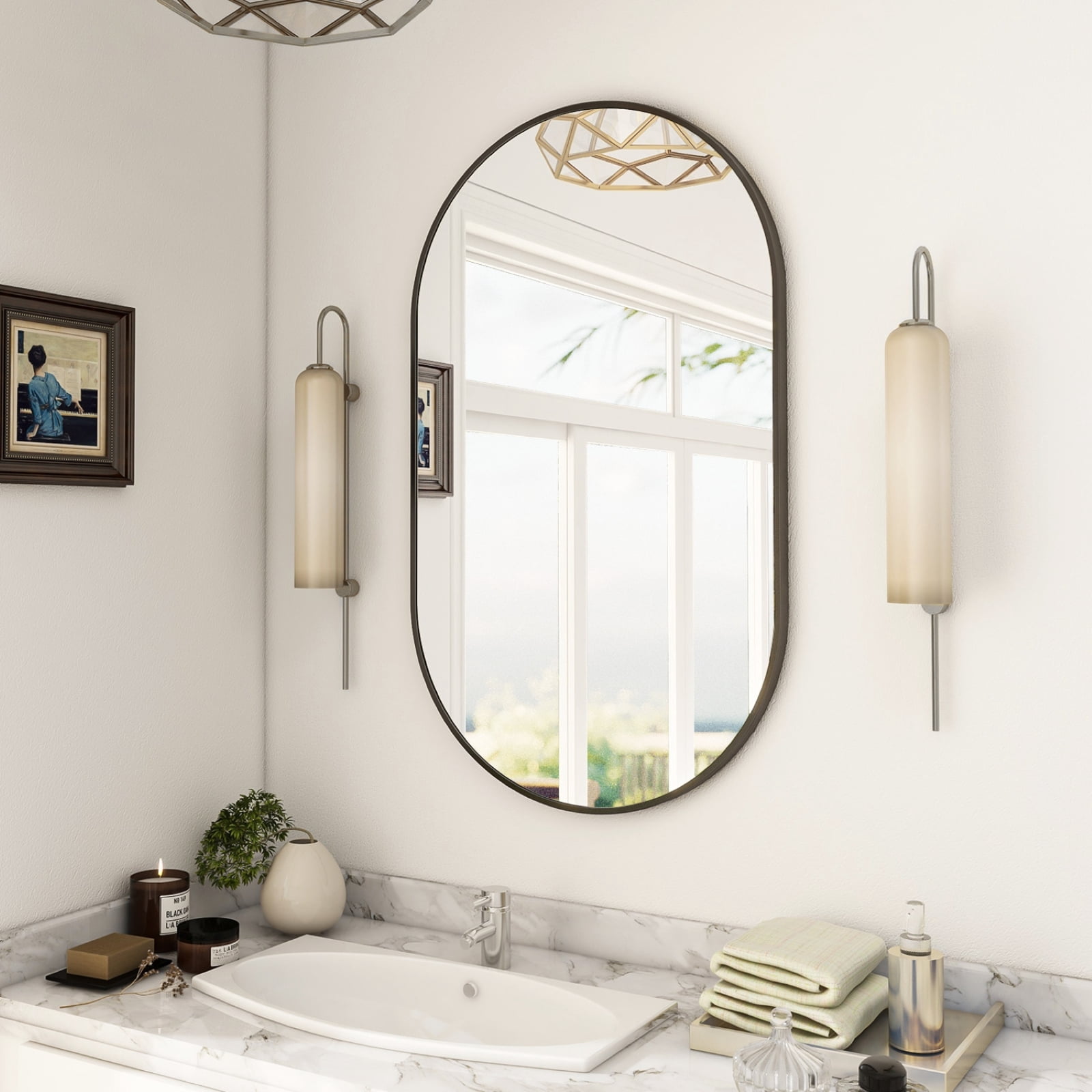 AUROMIR 22"x38" Bathroom Oval Mirror Wall-Mounted Vanity Mirror Aluminum Alloy Frame,Black